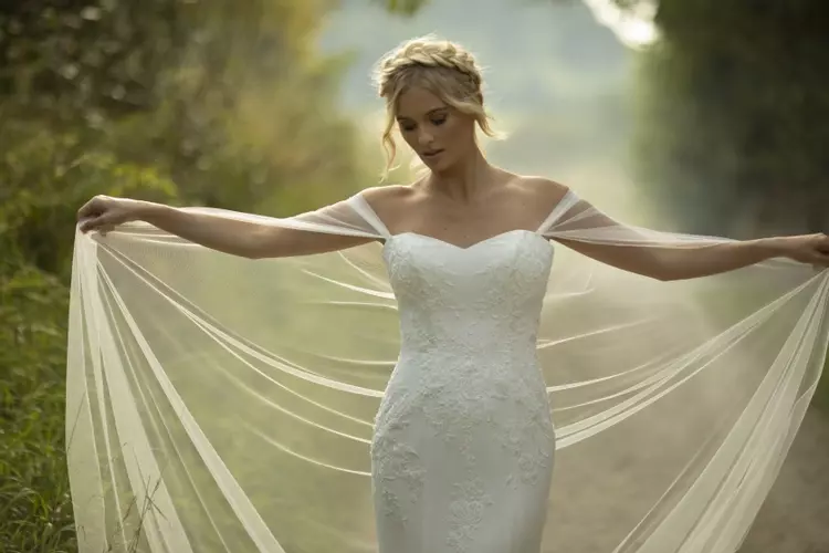 Sienna W397 Crepe Fitted Bridal Gown with Tulle Cape True Bride